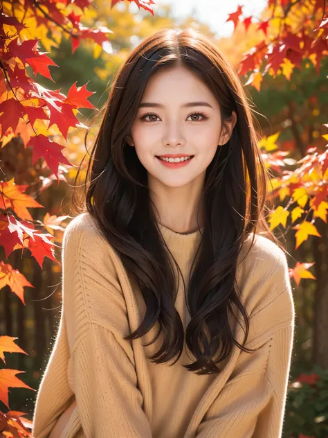 Best Quality　masterpiece　 Details　A super cute girl smiles and puts red autumn leaves on her mouth　Photo style　Real　 fantasy　Photogenic