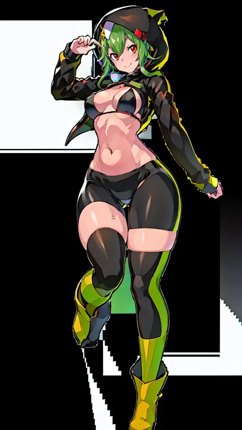 rina shinomyia、 biker shorts, half-open jacket, black hoodie, hood up, googles on neck, highthigh, high knee boots, long sleeves, , big red eyes, short green hair, small breasts, two-toned bikini, covered midrift. gradient highlight, digidestined. thick thighs, thigh gap, plump thighs, shinny thighs, muscular thighs, beautiful thighs, sweaty thighs, sweatdrop thighs, oiled thighs, large hips, narrow waist, thick calves, long legs, sexy beautiful woman, full body shot, full body, toned body, muscular female, shredded abs, fitness, small breasts. Looking at viewer. 