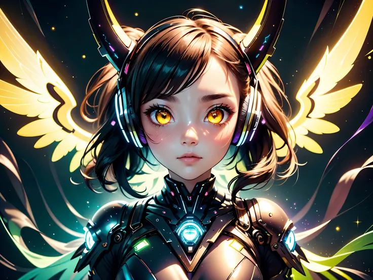 (Masterpiece, highest quality, Best Quality, Beautiful and aesthetic:1.2), full body, hyper-realistic, super detailed, (coquettish expression:1.3), futuristic mini dress, futuristic headphones, (luminous yellow eyes:1.3), (super cute face:1.4), angelic fea...