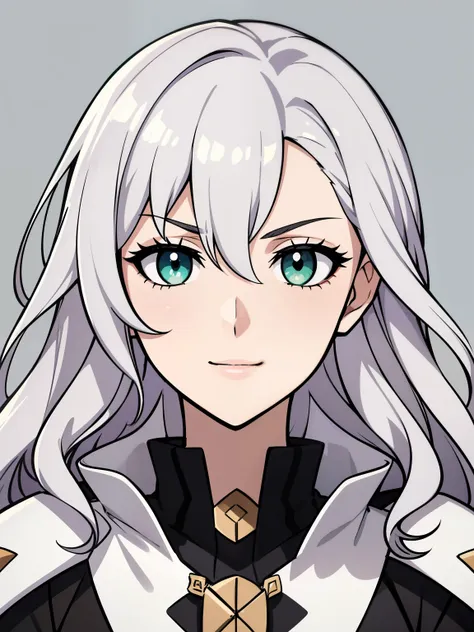 (high-quality, breathtaking),(expressive eyes, perfect face) 1girl, female, portrait, solo, young adult, neutral expression, cute smile, Symmetrical Eyes, Symmetrical ears, grey background, mercenary, gauntlet, cape, medium hair, wavy spiky hair, fire embl...