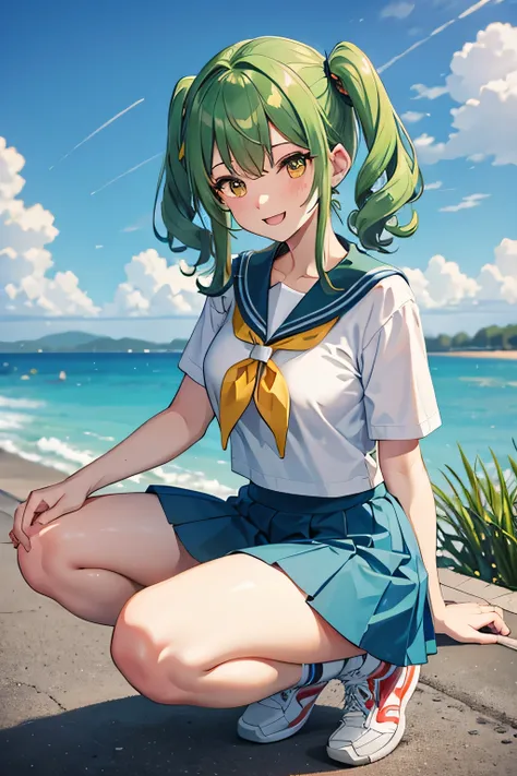 1 crouching adult woman, spiralcurl green hair, yellow eyes, medium breasts, sailor suit, short blue skirt, red sports tennis shoes, smiling face, full body image