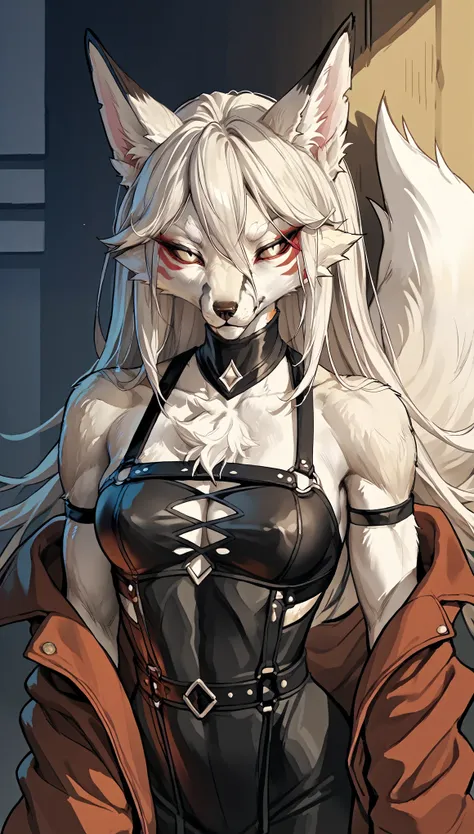 (zPDXL2), (PonyXLV6_Scores), source_anime, source_anthro, source_furry, rating_safety, Expressiveh, three-quarter portrait, m3y3r, asymmetric image, BREAK
white fox female, okami , big boobs, strong chest,  leather outfit, Relaxed face expression, athletic