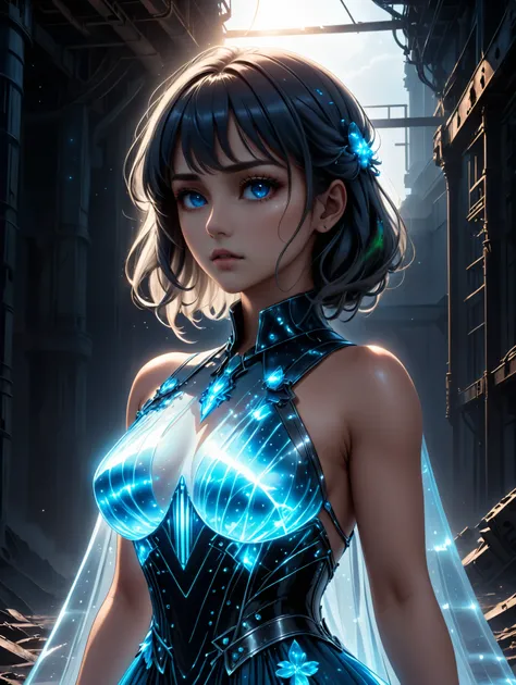 (Masterpiece, highest quality, Best Quality, Beautiful and aesthetic:1.2), dystopian anime style, beautiful woman wearing a blue bioluminescent dress lora:xl_bioluminescent_dress-1.0:0.8, prone position, extreme close-up from the side, dramatic, somber atm...