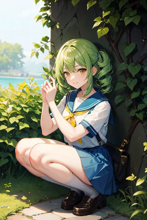 1 crouching adult woman, spiralcurl green hair, yellow eyes, medium breasts, sailor suit, short blue skirt, smiling face, full body image