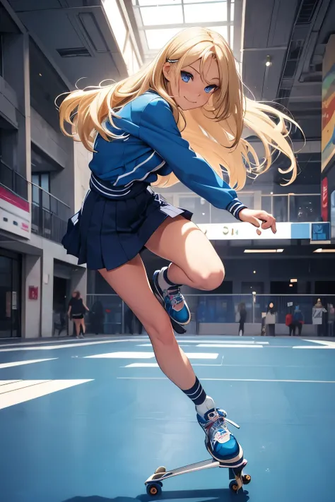 masterpiece, best quality, 1girl, French ethnicity, blue eyes, teenage French spy, blonde, hair, long hair, blonde hair, solo, skater girl attire, blue outfit, rollerskating, rollerskates on her feet while skating, closed clothing, smile, closed mouth, flo...