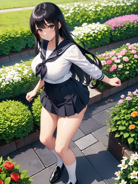 Ultra HD,Big Breasts, beautiful girls ,Beautiful shiny skin,Long Hair,bangs,((Sailor suit、 super mini skirt )),(White socks,Black loafer shoes), standing,garden