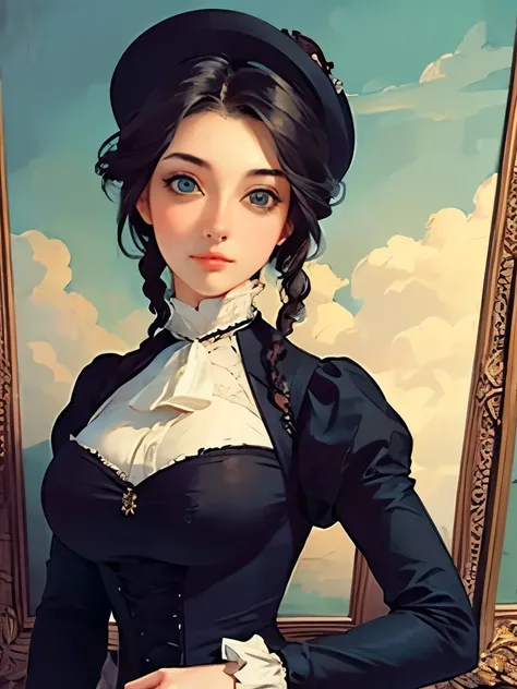 a painting of a woman in a black dress and hat, a fine art painting inspired by Franz Xaver Winterhalter, trending on cg society, gothic art, victorian lady, a beautiful victorian woman, elegant portrait, fantasy victorian art, victorian female portrait, v...