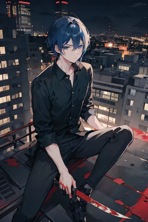  anime boy sitting on a rooftop with a bloody gun, anime rudo 8K, 4k animated wallpaper, beautiful anime pose,   tall anime boy with blue eyes  , anime art wallpaper 4k,  anime art 4k , young anime, manwhwa style , Discontent, expressionless, determined, 