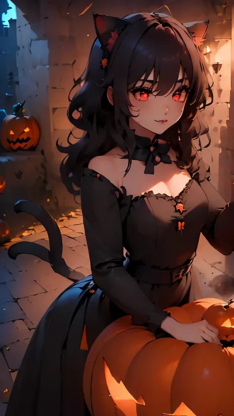 ((((( pareja de novios celebrando halloween con dulces and calabazas)))), (Excellent detail, good quality , 4k, HD)1 girl junkotvv, con el cabello negro and largo con flequillo and (Cat ears) and (red eyes),( high resolution, masterpiece :1.2),Numerous pu...