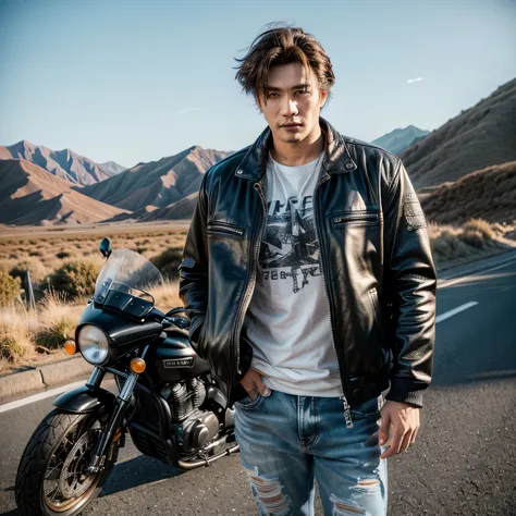 1980s, cafe big motoracer,  poor man, torn leather jacket, torn dirty pants, very intricate details, clean paint, single road in wilderness, (masterpiece, best quality:1.2), (8k uhd, 16k, 32k, ultra high res), realistic photo, taken with Fuji film X-T30+No...