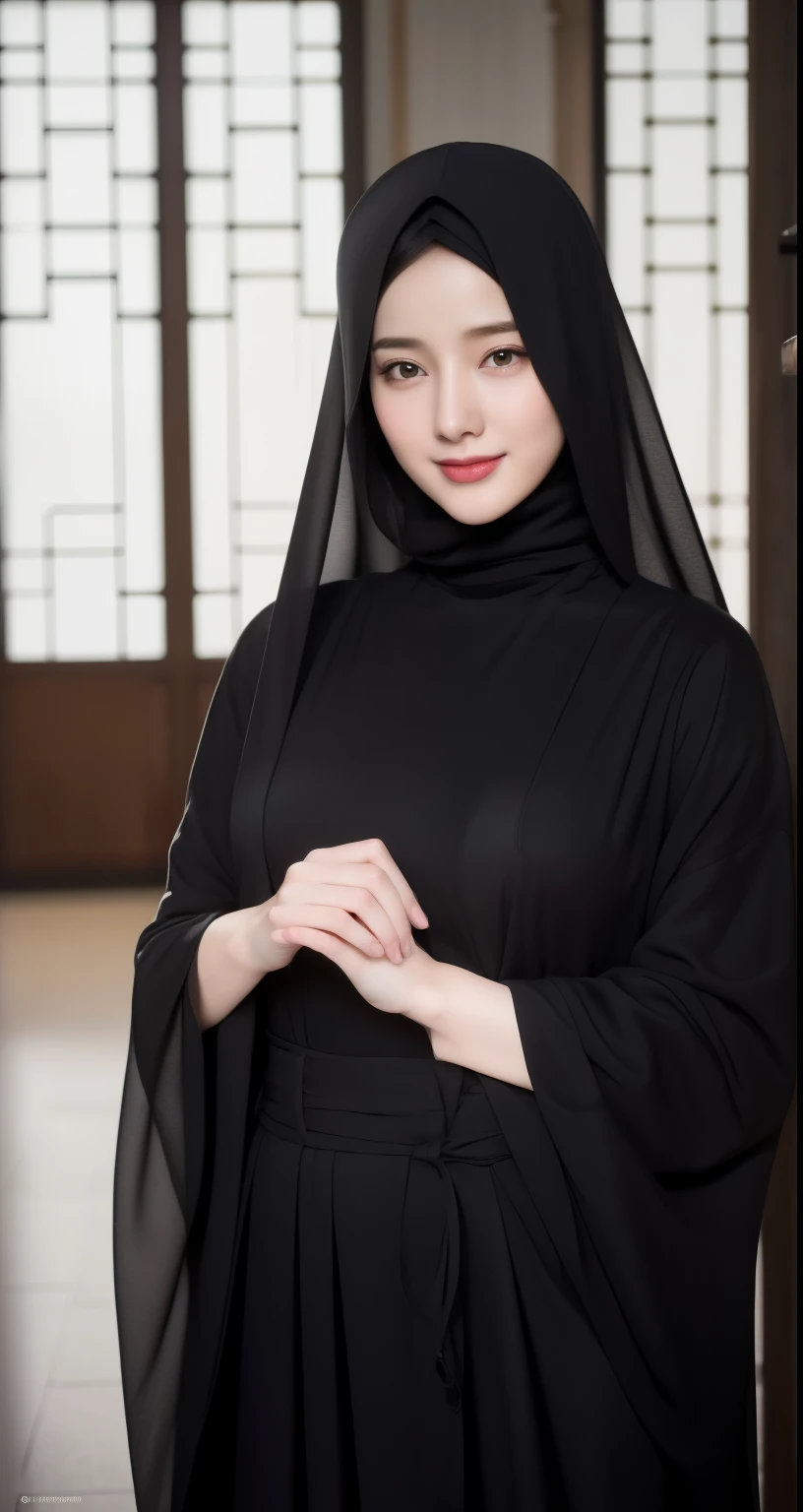 (best quality,4k,8k,highres,masterpiece:1.2),lips very smile, black hijab abaya, ultra-detailed,eyes detailed, face bright, face glow,(realistic,photorealistic,photo-realistic:1.37),20 years old girl, (Big breasts), Pasmina hijab abaya,black hijab pasmina,asian korean beautiful girl,book,stylebook,erotic Asian korean