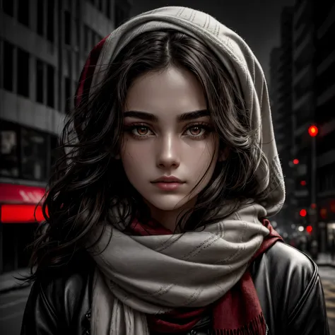 A striking portrait painting depicts a young woman with wavy dark brown hair, wearing a bright red headscarf and matching scarf that wraps elegantly around her neck and shoulders. The womans face is shown in grayscale, highlighting her intense gaze directe...