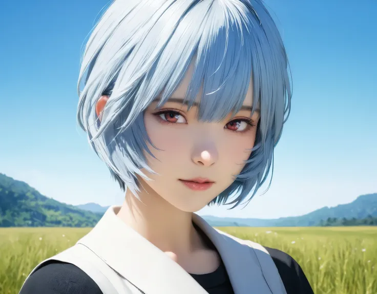 (best quality, 8k, high resolution:1.2), 1girl, ayanami_rei, grassland, blue sky, upper body
