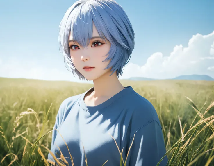 (best quality, 8k, high resolution:1.2), 1girl, ayanami_rei, grassland, blue sky, upper body