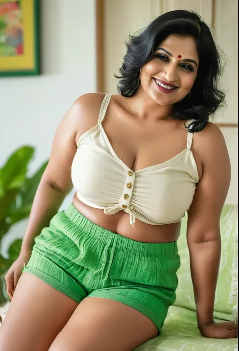 Indian plus size Woman, age 40, dreamy white skin, big shakey breast, a bit chubby, happiness, muscular body, wearing cream cotton string top crop, green cotton mini shorts, medium wave long black hair, barefoot, living room scene, seduce pose on CANON 5D ...