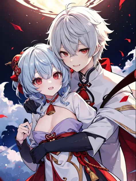 2person, holding each other, ((Nijisanji Kuzu))、Nijisanji、Vampire、​masterpiece、4K works、Short-haired man with gray hair、Vampire Man、Vampire costume、Fangs grow、Beautiful anime works、animesque、Grinning expression, Kuzu holding ganyu genshin impact, ganyu light blue hair, ganyu holding kuzuha kuzu, ganyu genshin impact, hug, hugs, cute girl