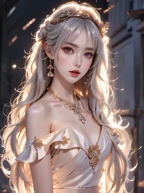 1girl,silver hair,off shoulder,red eyes,long hair,double bun,hair ornament,necklace,, (asian beauty, full body photo: 1.2), (nig...