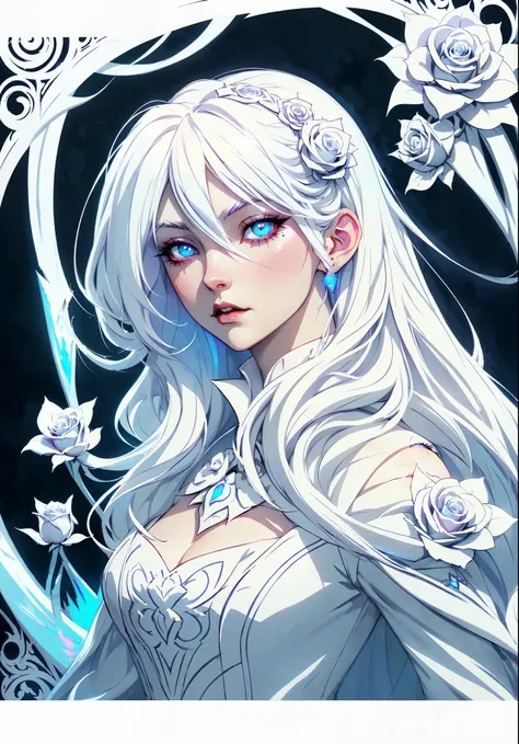  anime  Vampire girl, long white hair, gothic style, white roses in hair,light white eyelashes ,glowing opal blue eyes, digital illustration, comic style, gothic renaissance, perfect anatomy, centered, approaching perfection, dynamic, highly detailed, wate...