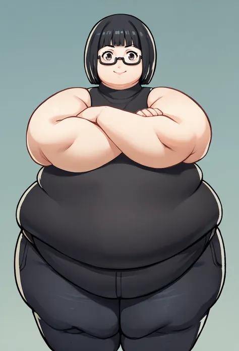 score_9, score_8_up, score_7_up, source_anime, 1girl, looking at viewer, closed mouth, smile, crossed arms, wakabap5, black hair, bob cut, blunt bangs, glasses, black turtleneck, sleeveless, leather pants, science lab, beaker, fat, chubby, obese