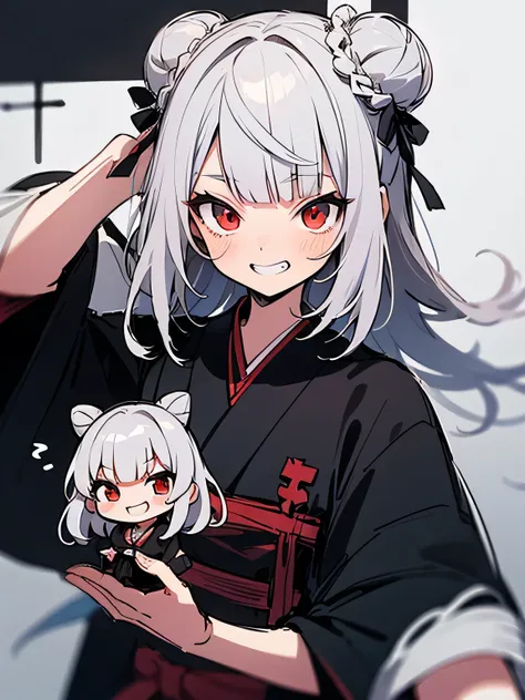 (chibi),solo,upperbody,(silver hair intakes bun,cross bangs),black ribbon hair,tsurime,red eyes,grin,black robe,model pose,(manga style),(sketch),(illutration)