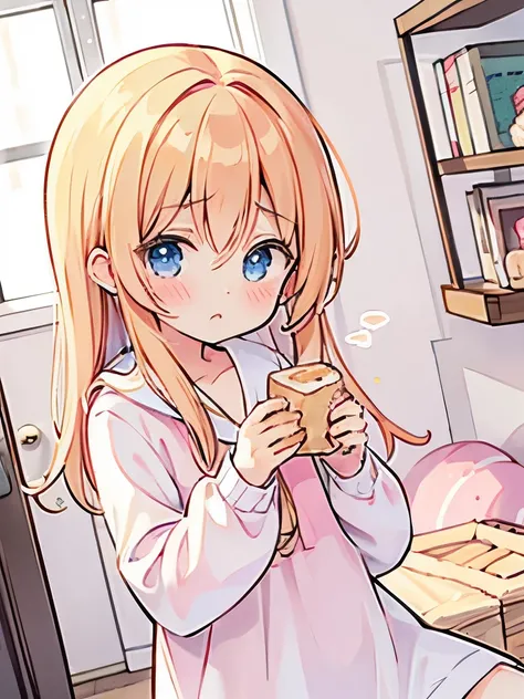 Anime Style,ding a small loaf of bread in both hands and eating,Sad look,Girls cute room , dynamic angle 