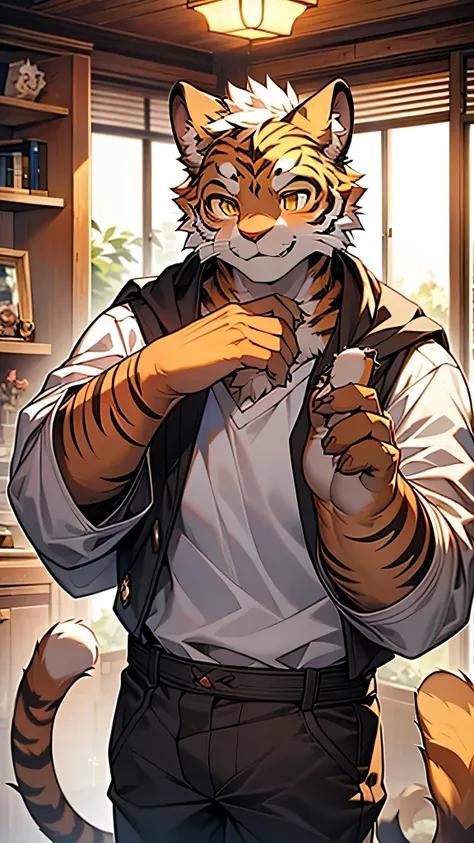 individual，male，Fluffy all over，(Tiger Orc)，Warm smile， golden eyes ，8K highest quality， anatomically correct, masterpiece, Cat ears, illustration,  white shirt，Warm environment ，indoor，Japanese Anime