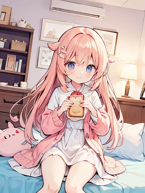 Anime Style,ding a small loaf of bread in both hands and eating,Sad look,Girls cute room , dynamic angle 