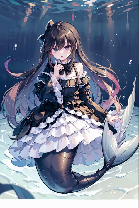 (masterpiece,  is the best quality),(full fingers),mermaid,a girl, hair between eyes, very long hair ,black eyes,hairpin,dark ha...