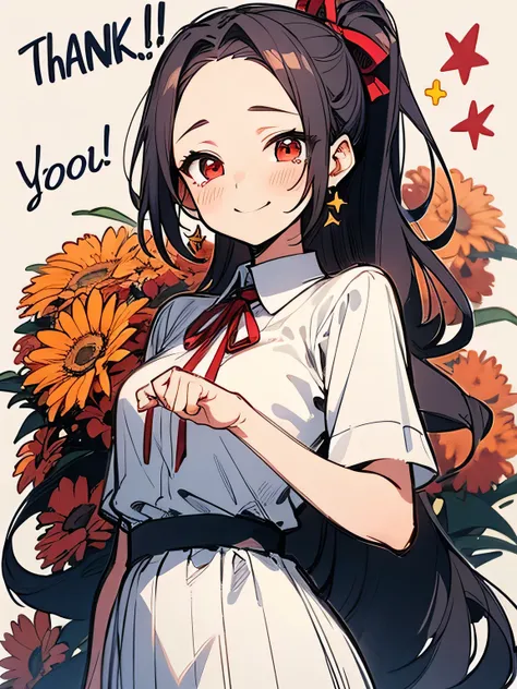 Alone,upperbody,black ponytail,red ribbon,big forehead,red eyes, smile,tears,White blouse、 long skirt、bouquet、bless、thank you、I am the star:1.3,(manga style),(sketch),(illustration),