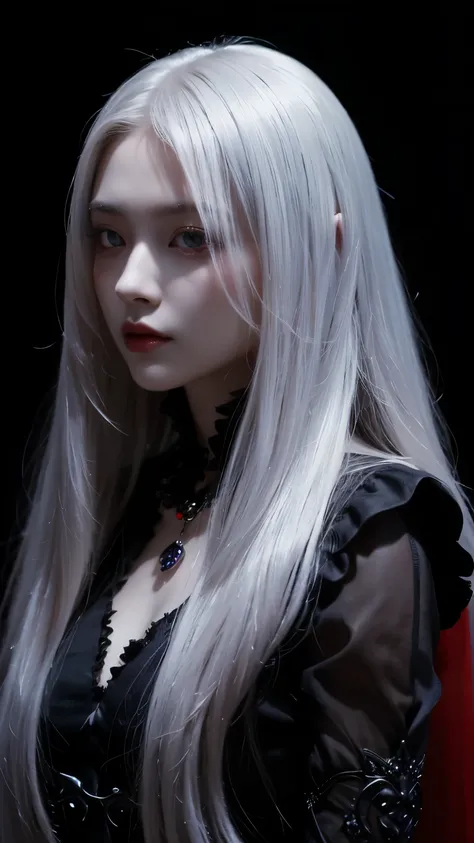 A dark, ethereal fantasy portrait of a pale-skinned, young woman with long, flowing silver hair. She has glowing red eyes, slightly teary, set against her delicate, otherworldly face. Her expression is mysterious and melancholic. She wears gothic-style clo...