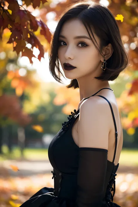 1 girl, ( she is wearing a gothic black dress:1.2), (gothic makeup),  a portrait of a very beautiful japanese idol (raw photo be...