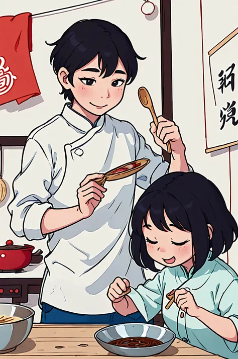  A woman and a man cooking with children, happiness, illustration!, dinner, Chinese tradition, exciting illustration, simple and clean illustration,  Chinese painting style, flat illustration, whole page illustration, illustration », 由 Tan Ting-pho, illust...