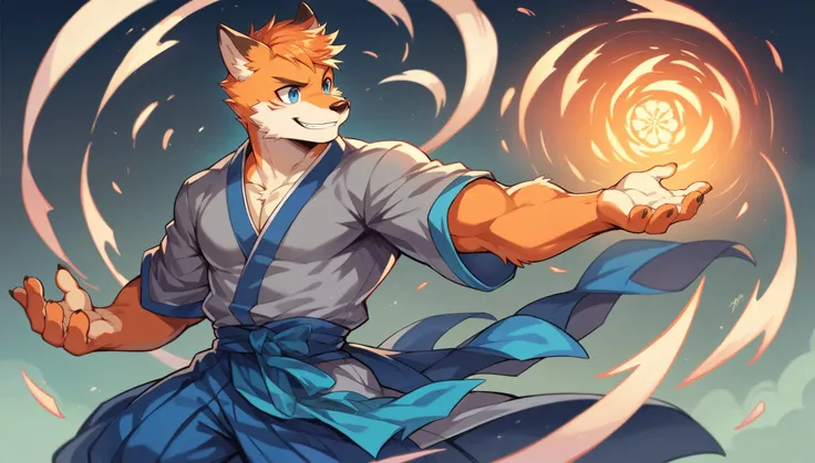 ((best quality)) ((masterpiece)), portrait, blue eyes, floating, magic, sorcerer, muscular ginger fox, smile, anthro, kawai, high detail, vibrant, fantasy asian city, blue hakama, grey kimono, male, 8k