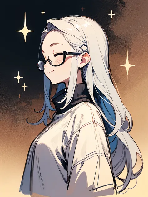 sideview,Alone,upperbody,silver loose long hair,big forehead,glasses, turtleneck sweater 、closed eyes smile,Bless、I am the star:1.3,(manga style),(sketch),(illustration),