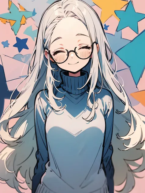 Alone,upperbody,silver loose long hair,big forehead,glasses, turtleneck sweater 、closed eyes smile,Bless、I am the star:1.3,(manga style),(sketch),(illustration),