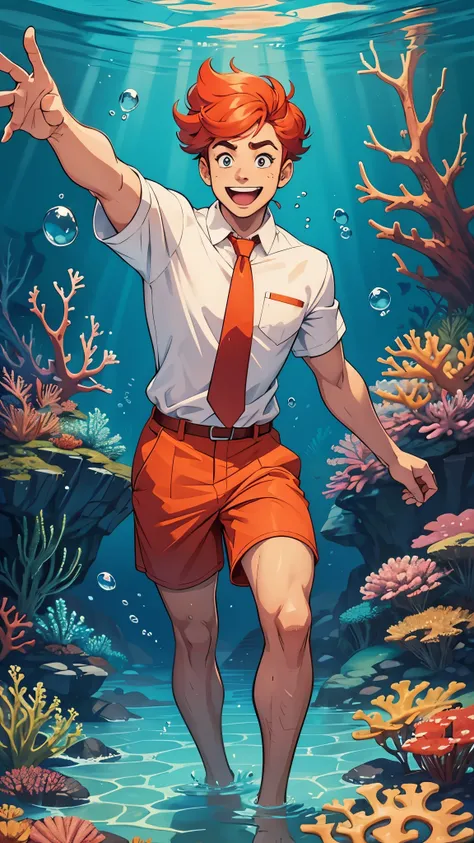 "A digital art illustration of a cheerful, human-like character inspired by a popular cartoon sponge. The character has a bright and friendly face with youthful features, wearing a white shirt, red tie, and brown shorts. He has a playful expression and a l...