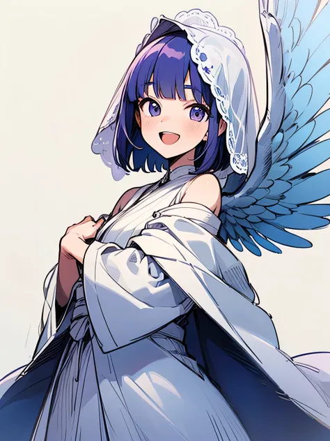 Alone,upperbody,purple pixie cut,blunt bangs, offshoulder,fashionable white robe、open mouth smile,white wings, white veil,Bless、I am the star:1.3,(manga style),(sketch),(illustration),