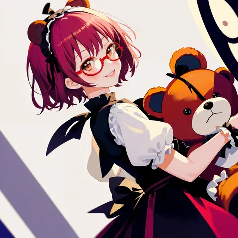 1girl, anime, red_pink_hair, short_hair, brown_eyes, playful_smile, short_sleeves_blue_lolita_ouji_vest, gothic_background, lolita_headbow_with_bear_ears,  glasses, looking_at_viewer, holding_one_giant_teddy_bear, white abstract background