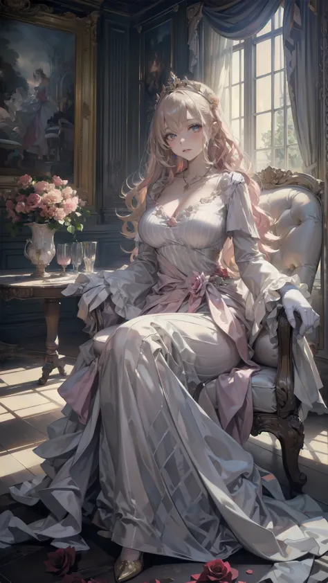 (Masterpiece, highest quality, Best Quality, Beautiful and aesthetic:1.2), full body, red-haired woman with long, wavy hair (reaching her waist:1.3), (perfect face:1.1), ultra-high resolution, elegantly dressed in a Rococo-style ruffled gown, pink and whit...