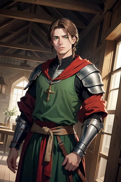 Create a medieval warrior of 1 ,80m, Shoulder-length brown hair tied, green eyes, no beard