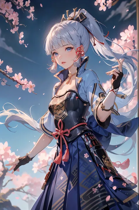 masterpiece, Best Quality, ((Ayaka Kamisato_ Genshin Impact)),(( 1 girl,Long Hair, blue hair , ponytail, Hair Ribbon,  hair accessories , Hold the  , blue eyes,breastplate,armor, Short sleeve,Japanese clothing,  Blue Skirt , Tassel,gloves, Arm guard,))[( h...