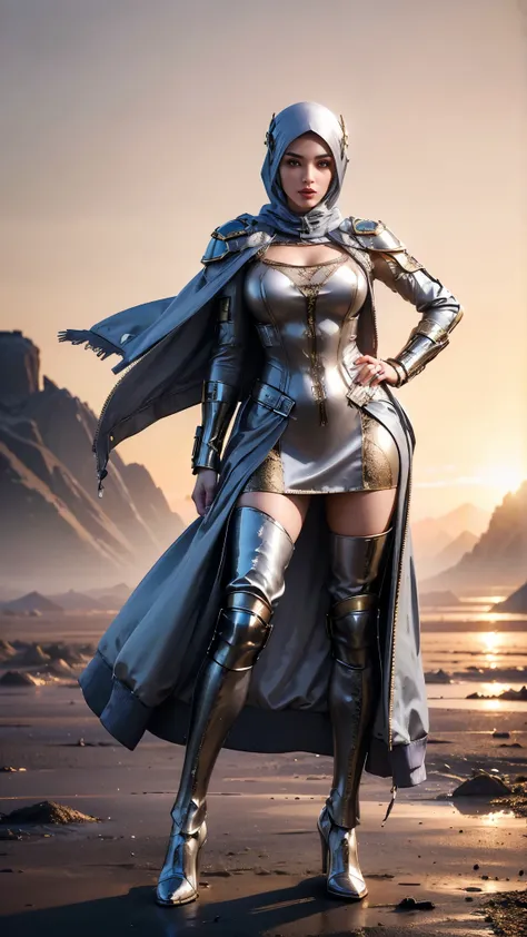 Full body from head to toe, (8k:1.27), Better quality, masterpiece, ultra highres:1.2) Photo Persian woman (beautiful:1.1) (post apocalyptic warrior woman:1.1) wearing hijab, apocalyptic soldier, (fabric Maserati jacket:1.21) intricate elegant, Fantasy, de...