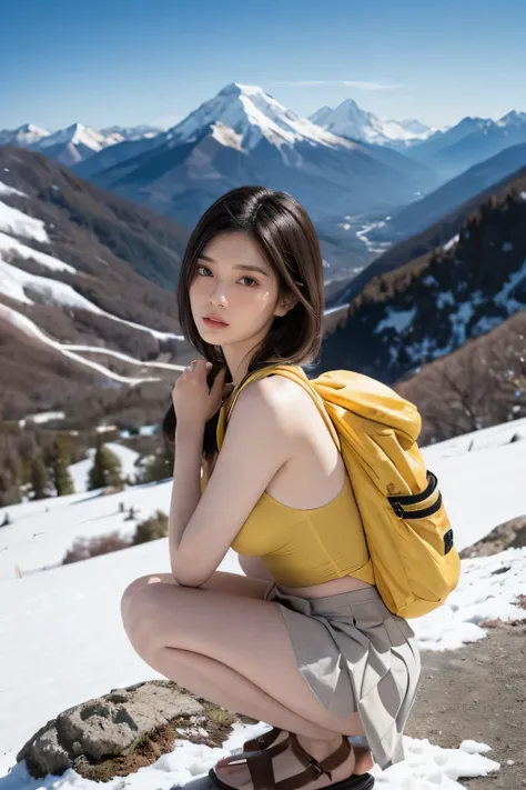 An elegant Japanese woman in her early 20s, wearing yellow bikini and pleated minimum skirt, is squatting on a snow-capped mountain peak. She is carrying a large, professional hiking backpack designed for alpine climbing, with straps secured tightly around...