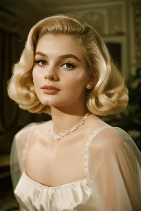 Film still, 1girl, very beautiful supermodel face, dreamy angelic face, 1960 blowout wavy Hair, 1960 fashion, 1960 makeup, highlighted Hair, pale skin, mansion background, rich girl