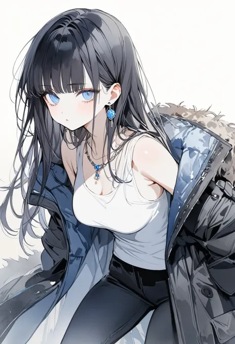 a girl, black hair,long hair,hime cut, blue bangs,albino, blue eyes, narrow eyes,黒いマスク,wearing a white tank top,black Alaskan coat,black short pants,White high boots,earrings,necklaces,medium breasts,pale skin tone, simple background,dark tone,watercolor s...