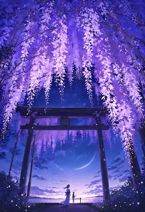 ((pastel))、One woman,kimono,Under the wisteria tree, wisteria flowers on one side per {x},Shining purple ,night, seen from afar, moving scene 