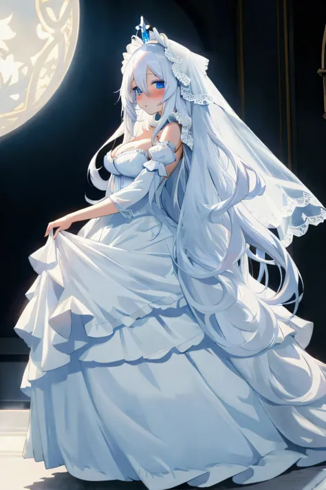 long white hair blue eyes anime girl blushing wearing long white frilly ball gown with cleavage and veil looking at viewer full body 