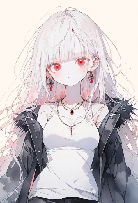 a girl,white hair,long hair,hime cut,blue bangs,albino, red eyes, narrow eyes,wearing a white tank top,black fur coat,Wearing a hood,black short pants,White high boots,pink rip,from front,looking viewer,earrings,necklaces,medium breasts,pale skin tone, sim...