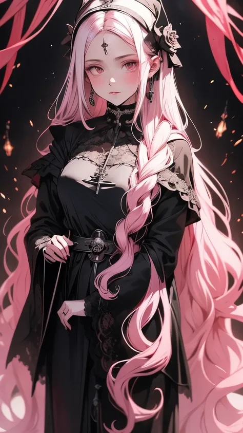 Anime style, digital drawing mode, 
Dressed in a flowing black cloak adorned with delicate lace and silver skull motifs, this enchanting and ethereal character stands in a striking pose. Her long soft pink hair flows elegantly, creating a contrast to her d...