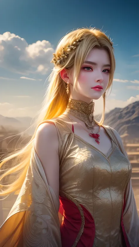 (masterpiece), Fine details, Smooth and natural, (1 Girl), Yellow hair, Qiancheng Xue, Hair and palm absorb , Beautiful and dignified, majestic, Rich background details , (cloud+Wide Angle),  thick and precise fog ,  an illusory sky, Beautiful paintings, i...